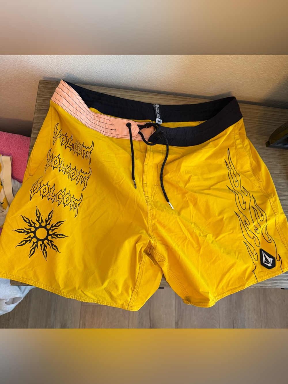 Volcom Yellow Swim Board Shorts with Black Waistband